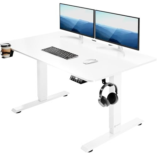 Casaria® Höhenverstellbarer Schreibtisch Elektrisch, Weiß - 110 cm x 60 cm - Memory Funktion - LCD Bedienelement mit Höhenanzeige - Getränke- & Kopfhörerhalter - Traglast 80kg, Stabile Konstruktion