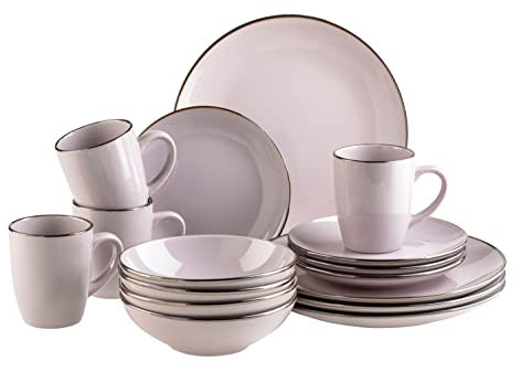 MÄSER Metallic Rim, set di stoviglie moderne per 4 persone, con bordo in ottone, servizio combinato da 16 pezzi, con stampi senza bordi, gres, lavanda