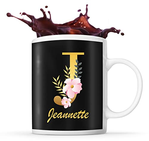 Planetee Mug Jeannette | Tasse prénom femme fond noir avec Lettre fleur | Idée cadeau pour anniversaire noël et fête des mères