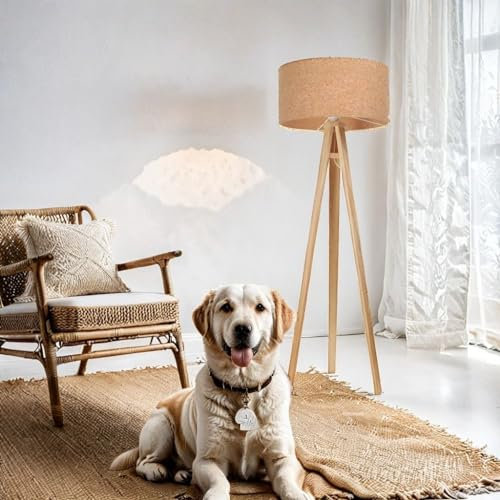 Licht-Erlebnisse Stehlampe Dreibein Tripod 146 cm klein Holz Kork Boho E27 Stehleuchte Wohnzimmer Natur Modern
