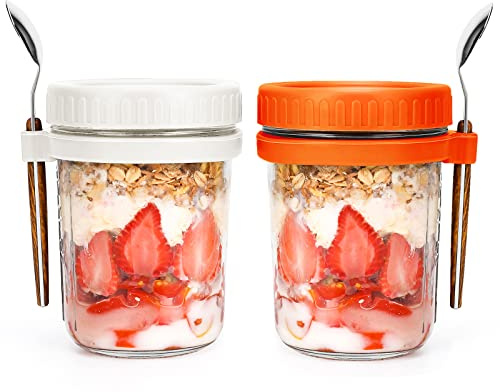 Havreburkar över natten med sked och lock 16 oz [2-pack], lufttät havregrynsbehållare med mätmärken, glasburkar med lock för spannmål på språng behållare (vit och orange)