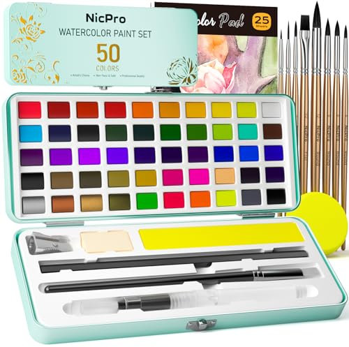 Nicpro Set Acquerelli 50 Colori, Include Colori Metallizzati e Fluorescenti, 8 Pennelli per Pittura Scoiattolo, 25 Carte per Acquerelli e Tavolozza, Kit di Materiali Artistici per Principianti Adulti