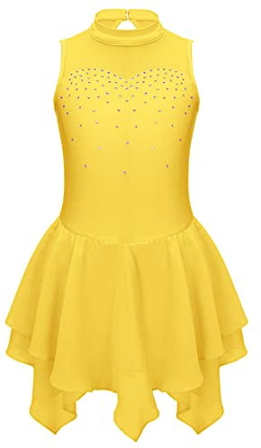 iEFiEL Mädchen Eiskunstlauf Kleid Glitzer Ballettkleid Ärmellos Ballettanzug Ballett Trikot mit Strass Wettbewerb Kostüm Tanzkleidung Z Gelb 146-152