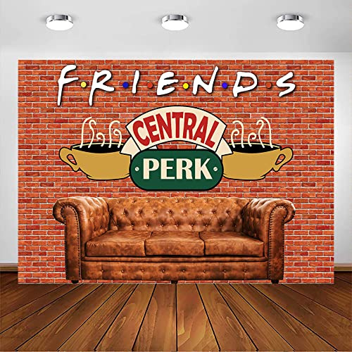 Avezano Central Perk - Fondale a tema muro di mattoni rossi, retrò, per pub, divano, caffetteria, sfondo fotografico di compleanno, per uomini, donne, adulti, decorazione per feste di compleanno (2,1
