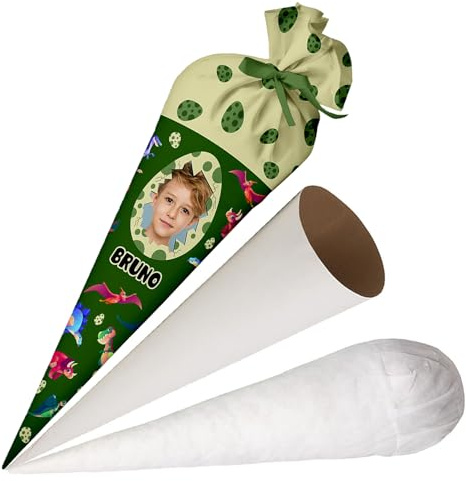 Ferocity Schultüte Jungen Personalisiert Dino Ei mit Namen und Foto Tüte aus Stoff 70 cm Zuckertüte mit Papprohling und Füllung große Tüte als Kissen