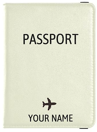 Personalisierte Reisepasshülle, Brieftasche, Kombi, individueller Name, PU-Leder, Reisepass, Impfkarten-Schutz für Frauen und Männer, Reisegeschenk, Flugzeug, Beige, Einheitsgröße