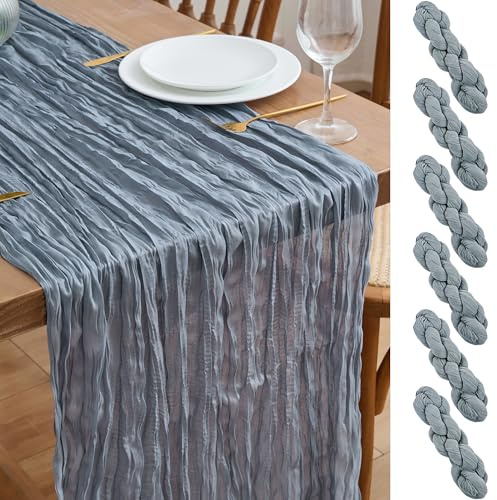 Asee'm 6PCS Tischläufer Käsetuch 300 x 90cm Staubiges Blau Boho Transparente Läufer Tisch Hochzeit Gaze Stoff Rustikale Käse Tuch für Braut Dusche Party
