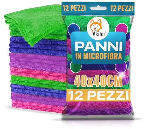 AKITAInk 12 PZ Panno in microfibra, Panni in microfibra per la Pulizia 40 x 40 cm Multicolore, Riutilizzabile, Lavabile per Casa, Cucina, Auto, Vetri, Strofinacci senza Pelucchi e senza Strisce