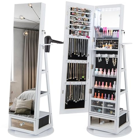 COSTWAY Armadietto Portagioie Girevole a 360° (Bianco, 56 x 56 x 164 cm) | Specchio Portagioie con Serratura, Supporto per Asciugacapelli, Ripiani, Luci LED e Cassetto