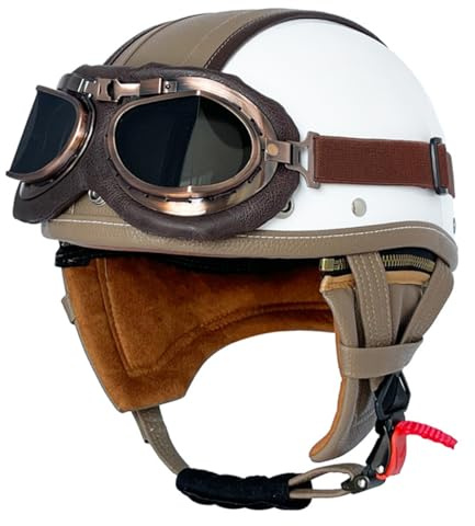Casco Jet Moto Vintage Omologato ECE Mezzo Pelle Casco Da Motociclista Caschi Cromwell Con Occhiali Portatile Casco A Scodella Per Uomo Donna Scooter Street Cruiser 3,L:58-59CM