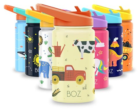 BOZ Kinder-Trinkflasche mit Strohhalm, 414 ml (Bauernhof) | Auslauf- und Spritzfest, BPA-Frei, Spülmaschinenfest