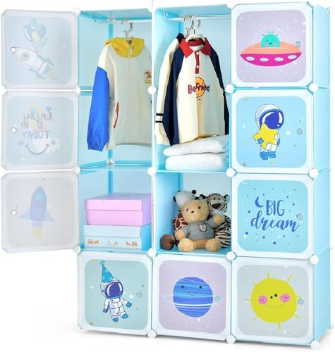 Children Wardrobe, Kid Closet Portable Baby Dresser Cute for Kids Bedroom Nursery Armoire with Doors 12 Cube 2 Hanging Sections, Kid Clothes Storage Organizer (Blue, 12 Cube Space)