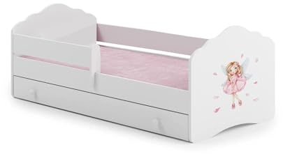 Dmora - Kinderbett Warsaw, Kinderbett für Schlafzimmer, Einzelbett mit Kommoden, Struktur mit ausziehbarem Bett, 78x144 h65 cm, Weiß mit Fee