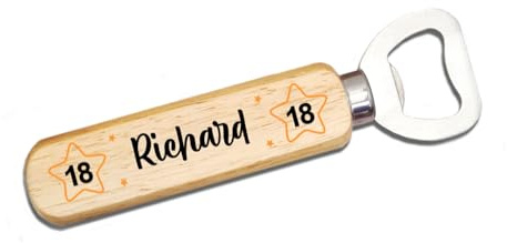 Personalised Bottle Opener – 18th Birthday – Custom Printed Beer Opener with Star and Age Design – Wood Handle & Stainless Steel – Approx. 14cm x 4cm x 2cm – Fun 18th Birthday Gift for Him or Her
