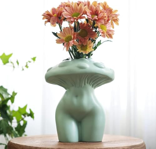 AmiCera Vase mit Pilz DamenköRper für Blumen, Einzigartige Pilzdekoration, Eklektische Vasen mit Hintern In Damenform für Blumen, Funky Gesicht Ästhetische Deko Wohnzimmer, Salbei Grün