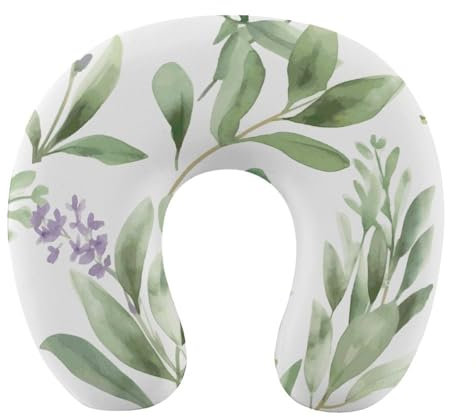 Reisekissen mit grünen Blumen, Aquarell, Kräuter, Salbei, Blätter und Zweige, Reisekissen, Nackenstütze, Memory-Schaum, U-förmiges Kissen, weich, bequem, Reise-Nackenkissen, Schlafkissen, Reisezubehör