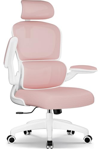 Aiidoits Bürostuhl, Ergonomischer Bürostuhl mit Verstellbarer Kopfstütze, Klappbaren Armlehnen und Lendenwirbelstütze, Wippfunktion bis 135°, Rosa