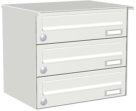 KNOBLOCH Briefkastenanlage | Aufputz | 3-Fach | Verkehrsweiß RAL 9016 | waagerecht | optional 2. Namensschild & 3 Schlüssel