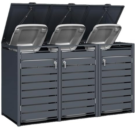 DWD Garden Triple Wheelie Bin Hideaway 120L,240L Waste Bin,Storage Shed w/Locking Doors Assisted lift up Lid easy use Outdoor Hygienic Dustbin Unit Cover Powdercoated Steel Matt Grey with Grey Doors