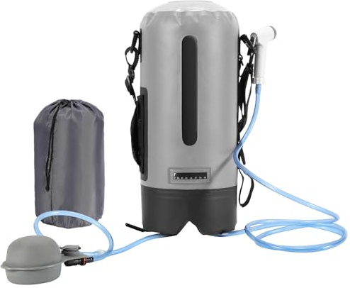 Vkechh Campingdusche 12L, Camping Dusche mit druckfußpumpe, temperaturanzeige, Tragbare Dusche für Camping mit Aufbewahrungstasche und Schulterriemen, Geeignet für draußen, Gärten und Strände, Grau