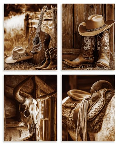 DOODLREAM 4 Packung Western Wandkunst Ungerahmt Wasserfest Leinwand 20x25cm Großes Leinwand Wandposter Mit Cowboyhut Stiefeln Gitarre Und Kuhschädel Für Bauernhaus Zuhause Büro Badezimmer Wohnzimmer