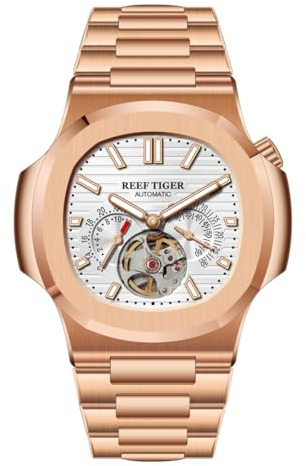 REEF TIGER Reloj cuadrado de moda para hombre, color oro rosa, mecánico, 24 horas, Tourbillon, impermeable, automático, pulsera RGA20S7, RGA20S7-PWP, Mecánico, automático, reloj automático