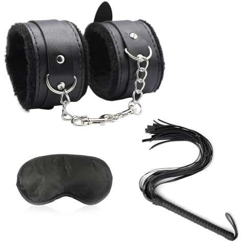 3er BDSM Bondageset Fessel Set mit Handschellen Sex Bett Plüsch + Peitsche + SM Augenmaske,BDSMs Spielzeug Extrem für Frauen Sklavin,Handcuffs Flogger Augenbinde,Fesseln Sexspielzeug für Paare