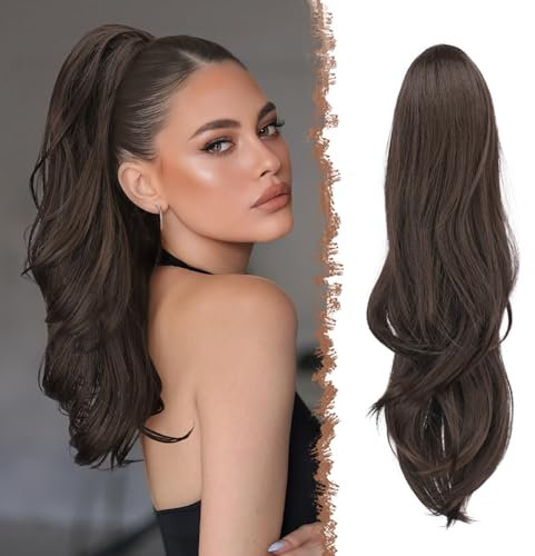 FESHFEN Extension Queue de Cheval avec Cordon, Naturel Ponytail Extensions de Cheveux Ondulées Synthétiques Brun Foncé Postiche Bouclés pour Femmese, 50 cm