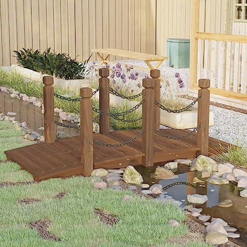 WKIEQACO Casa & Giardino, Mobili - Ponte da giardino con ringhiere a catena, 150 x 67 x 56 cm, in legno massello di abete