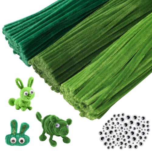 YFLeomry 300 Stück Pfeifenputzer zum Basteln 3 Verschiedene Grün | Chenilledraht Pipe Cleaner, für Kreative DIY Projekte und Basteldekor, Pfeifenreiniger zum Basteln grün, mit 100 Kulleraugen