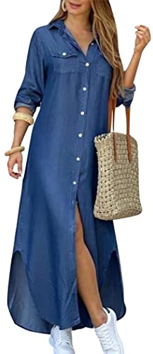 OMZIN Women Rolled Up Sleeve Button Down Lapel Dress Floral Print Maxi Dresses Loose Dress