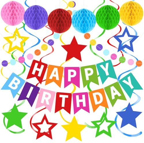 Happy Birthday Banner, Rainbow Birthday Decorations Set with 6 Honeycomb Balls, 8 Star Hanging Swirl Streamers, Circle Dots Garland Perfect for Women, Men, Boys, Girls