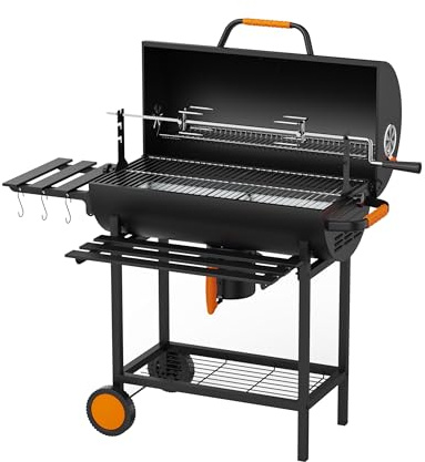 KEYO GRILL 29 Zoll Holzkohlegrill - 537 Sq In, Tonnenförmiger Grill mit Edelstahl Bratspieß & Zentrale Kohleschale. Ideal für Garten, Schuppen, Terrasse