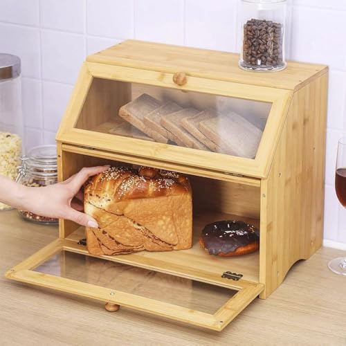 Farmhouse Wooden Bread Box with Clear View Lid 2 Tier Countertop Storage Bin for Kitchen, Pantry Organization Keeps Bread, Fruits, Snacks Fresh Rustic Style