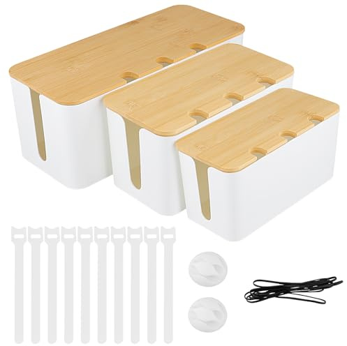 YIXNSW 3 Teilig Kabelbox Set mit Bambusdeckel, 3 Größe Weiß Kabelbox mit Steckdosenleiste, Kabelmanagement Box für Steckdosenleiste, 23,8 x 11,5 x 12cm, 32,1 x 13,6 x 12,7cm, 40,7 x 15,6 x 13,4cm