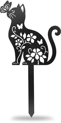 CUTHOLLOW Groß Katze Blumen und Schmetterlinge Metall Pflanzenschilder | 30 CM Beetstecker für Draussen, Metal Gartenstecker für Blumentopf, Bauernhaus Gewächshaus Dekoration Lustige Gartendeko