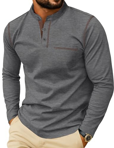 PrinStory långärmad tröja herr Henley t-shirt bomull rund hals pullover casual toppar för män, Mörk grav, M