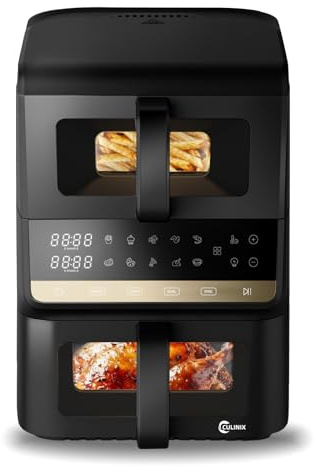 CULINIX Doppelkammer Heißluftfritteuse 10L, 2500W, 2 Sichtfenster | Zwei Kammern 3.5L+6.5L separat steuerbar & per Sync, 10 Programme, Innenbeleuchtung, ohne Öl, Grillen Backen für Familien