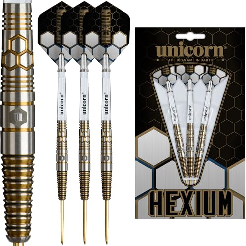 Enhörning | Hexium stil 3 | 90 % volframguld torpedo tunnor med svarta ringar | Stål Tip Dart Set | Hållbara fantastiska Ultraflyg | Guldspänningspunkter | 26 g