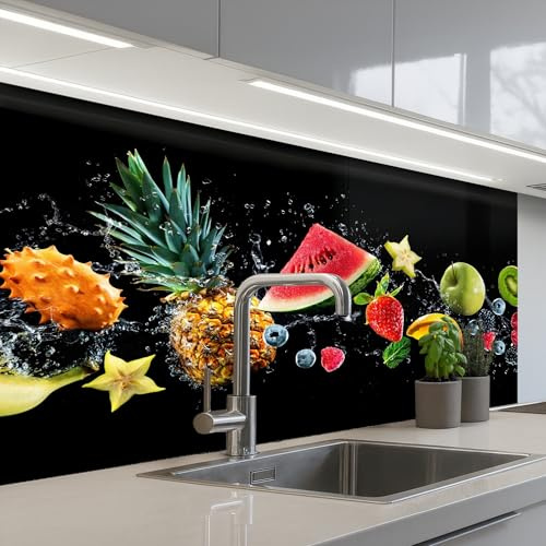 KitchenYeah© Rückwand Küche Rückwandschutz Selbstklebend Spritzschutz | 60x100 cm - Küchenrückwand Küchenfront Küchen Selbstklebende Küchenrückwände Spritzer - Obst - Schwarz