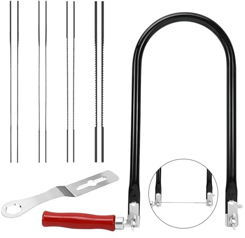 Set di seghe per 8 lame e archetto per seghetto per metallo e legno con manico in legno con seghetto alternativo con diverse lame per tagli di precisione, sega per falegnameria di precisione