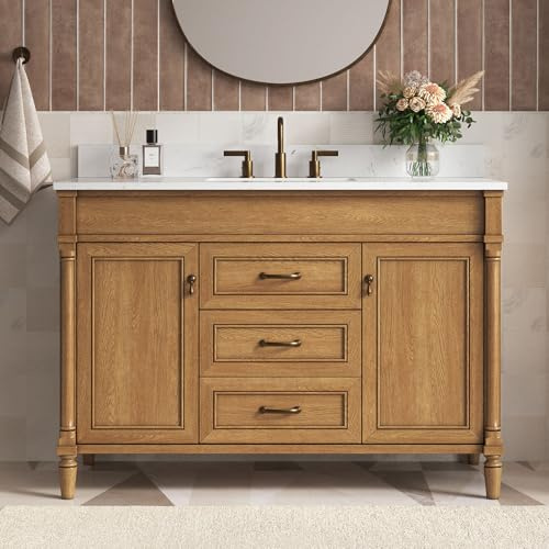 DELUXE LIVING 48 Inch Bathroom Vanity with Sink Combo, Classic Bathroom Cabinet with Countertop & Backsplash, Solid Wood Vanity with Soft Closing Doors & Dovetail Drawers, Ceramic Sink, Light Walnut