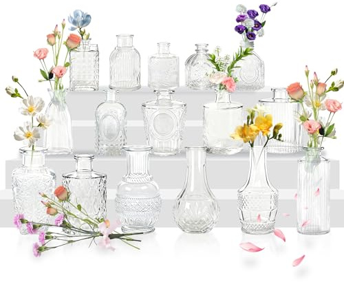 YRHome 16 Stück Kleine Vasen für Tischdeko, Glas-Budenvasen-Set Mini, kleine Glasvase, Vintage-Blumenvasen & Knospenvasen für Hochzeiten, Partys, Feierlichkeiten Transparent