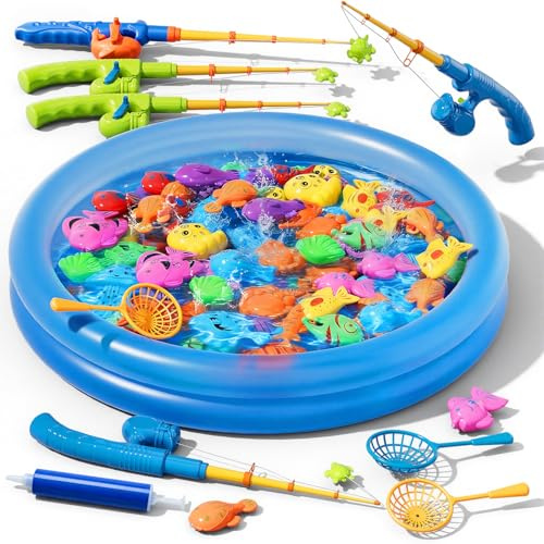 BLmukce Magnetisches Angelspiel mit Aufblasbarem Pool, 60 Schwimmende Fische, 5 Angelruten & 3 Netze, Baden Pool Strand Outdoor Spielzeug, Geburtstagsgeschenk für Kinder ab 3-8 Jahre (70PCS)