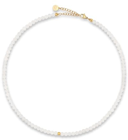 Pärlhalsband för dam av äkta fasetterade naturstenar 4 mm | Justerbart månstenhalsband med 18K guldplätering (40–45 cm) | Vattentåligt boho-halsband (vit)