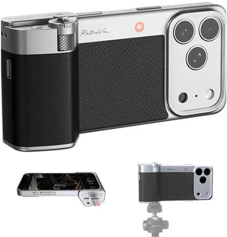 PGYTECH Kit de Empuñadura RetroVa para iPhone 17 Pro MAX, con Funda Vintage, Mango Bluetooth para Smartphone, Ranura MicroSD, Rosca 1/4-20, Controles Físicos e Integración con Aplicación