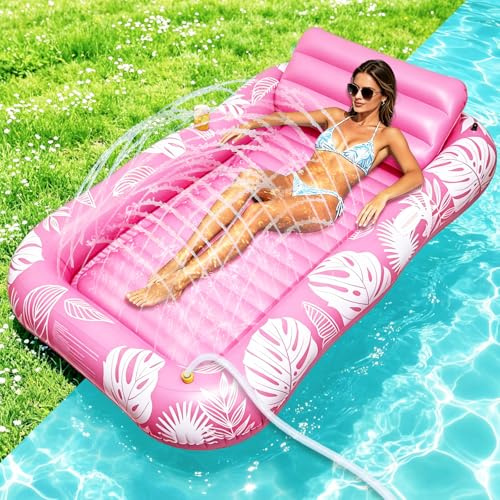 Tanning Pool mit Eingebautem Sprinkler, Luftmatratze Schwimminsel mit Getränkehalter, Griff und Rückenlehne, Amphibisch Luftmatratze Wasser Erwachsene Geeignet für Schwimmbäder, Strände, Gärten