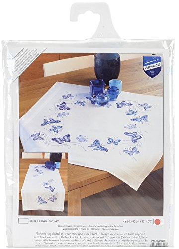 VERVACO Kreuzstich Stickpackungen Tischdecke Blaue Schmetterlinge Stickdecken Vorgezeichnet Basteln Erwachsene Kreativ Set Vorgedruckte Decke Sticken 80 x 80 cm Stickset DIY Sticken Set
