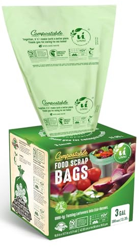 UNNI ASTM D6400 100% Compostable Trash Bags, 3 Gallon, 11.35 Liter, 100 Count, Extra Thick 0.71 Mils, US BPI and Europe OK Compost Home Certified | Compostable Bags for Kitchen Food Scraps, Small Bin Liners, Certified by BPI, CMA & OK compost HOME, Meets ASTM D6400
