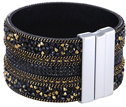 Morella Bracelet pour Femme, Large avec zircons et Fermeture magnétique Noir Or